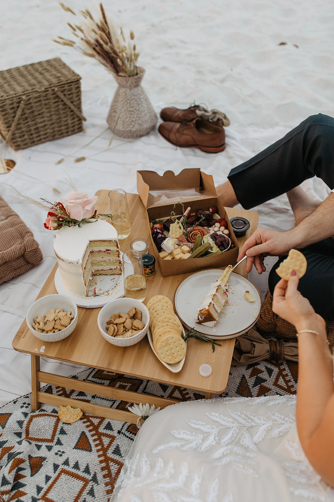 The picnic spread at the beach elopement