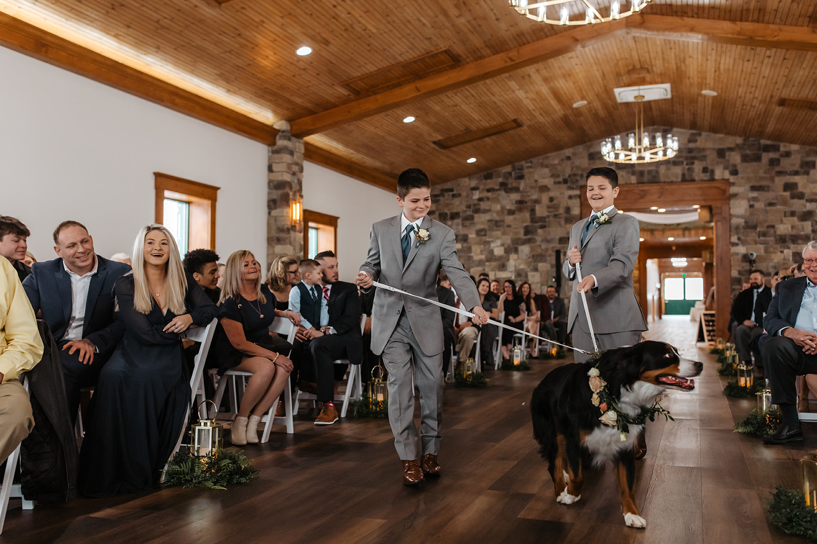 the dog walking down the aisle with the dog
