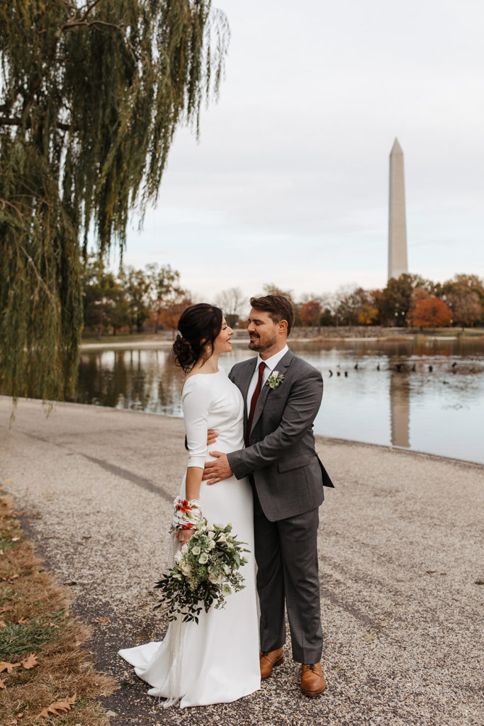 the couple doing wedding photos in Washington DC