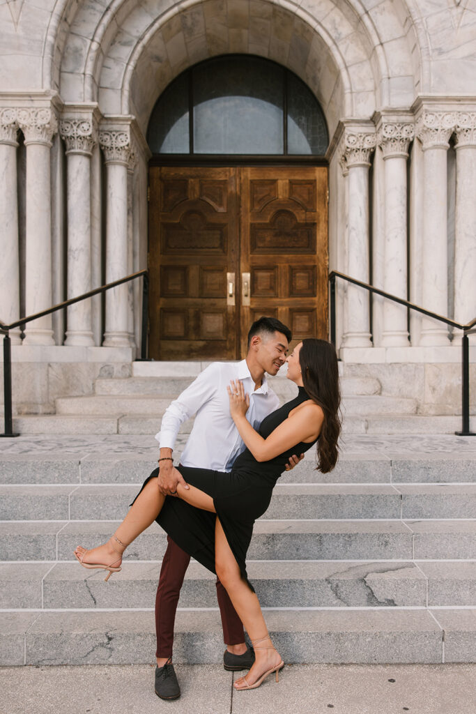the engaged couple in downtown Tampa for engagement photos