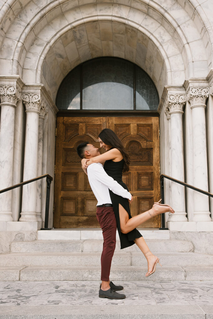 the engaged couple with creative photoshoot ideas for playful engagement pictures