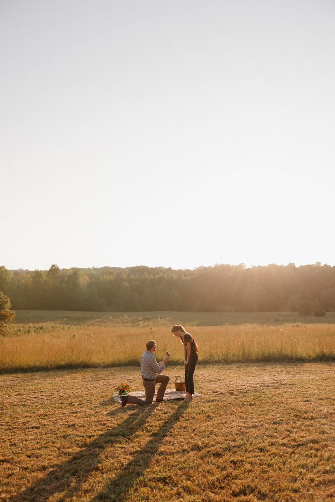 the boyfriend proposing to his girlfriend in the field