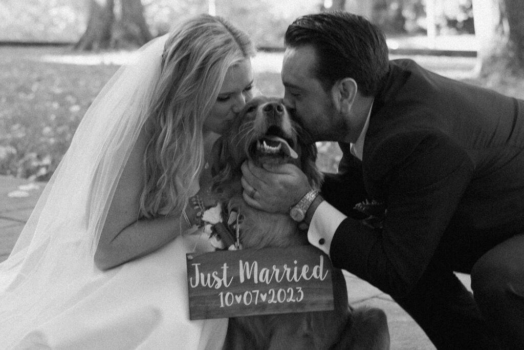 the bride and groom with their dog